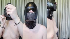 layered vetwrap, latex hood, and stiff leather posture collar. watch me take away my voice and my vision, and muffle my heari...