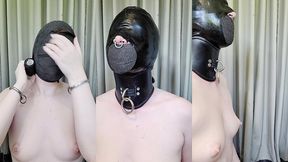 layered vetwrap, latex hood, and stiff leather posture collar. watch me take away my voice and my vision, and muffle my heari...