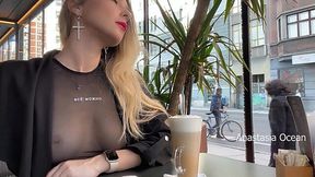 Flashin' Tits in Cafe for All to See - Transparent Tee No Bra!