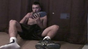 straight boy in the bathroom with snekaer