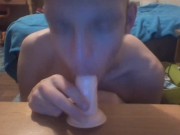 Skinny sexy teen sucks and deepthroats his 5 inch fake cock