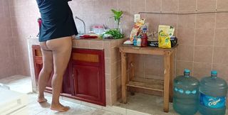 Chubby Stepmother Washes and Cleans the Kitchen