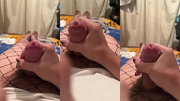 HOT TRANS CUMS LOADS IN SLOW MOTION WHILE IN FISHNET TIGHTS