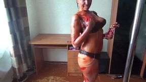 Amateur hot mom Kate gets messy with ketchup and sauces in the shower