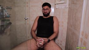 camilo brown intensely edging his big cock shooting his cum multiple times and squirting on his black shirt
