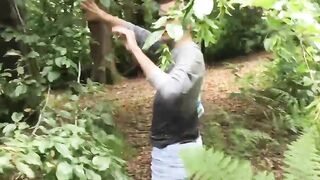 Amateur goes to the woods to ride a dildo while jerking off