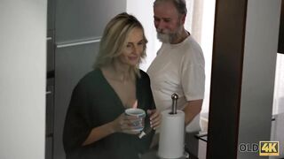 OLD4K. Blonde and old Husband Interrupted Tea to make Love on Sofa