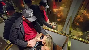 Blonde goddess gives a dirty BJ in public elevator