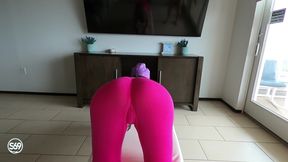 Stretching and Teasing in Yoga Pants Without Panties