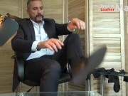 Suited Master shows off black leather formal shoes four pairs of socks and size 13 feet PREVIEW