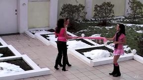 Watch these petite sluts Brigitta, Kenia and Samantha suck and fuck hard cocks in high heels!
