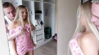 My stepsis got me jealous but her new boyfriend slut swallowed my thick cock in her glistening dress