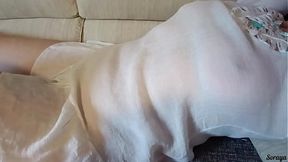 Stepmother cleaning the house in a transparent dress without panties
