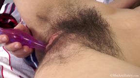 Toying Super Hairy Cunt with Miranda - Purple Dildo White Bed - Homemade solo