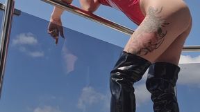 RED LEATHER CHAIN SMOKER – Sensual Outdoor Smoking Tease In Black Leather Boots