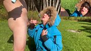HUGE Cumshot Outdoors on Puffy Jacket Blowjob Cum slut