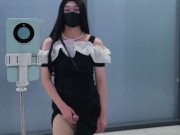 Chinese ladyboy in black tight skirt cums at the door of public toilet