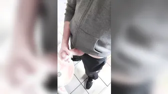 Daddy jerks his big cock in public restroom