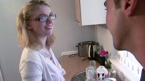 Uniformed Jessica Lowe gets fucked in the kitchen by Luke Morris