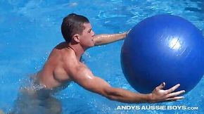 Australian Naked Jack Loves Playing Naked In the Pool With His Swiss Ball & Uncut Cock