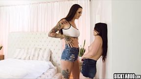 Teen cutie Lulu Chu ravishes tall lesbian roommate Rocky Emerson, devoured by lesbian lust