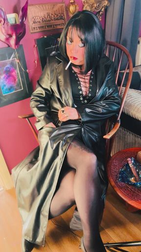 Your Favourite Smoking Queen Dressed In A Full Length Leather Coat, Pantyhose &amp; High Heels Smokes A Cork 100 Cigarette For You