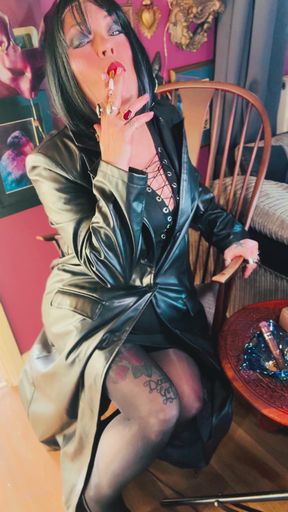 Your Favourite Smoking Queen Dressed In A Full Length Leather Coat, Pantyhose &amp; High Heels Smokes A Cork 100 Cigarette For You