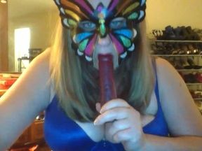 Chubby blonde wife in butterfly mask was showing off her huge boobies