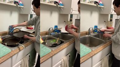 Husband washes pans without being asked and she loves it