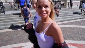 Blonde slut grinds on two Russian guys in a wild threesome