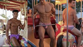 cross-dressing carnival day - exhibitionist guys in lingerie and panties enjoying the rides, the fair, and each other