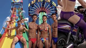 cross-dressing carnival day - exhibitionist guys in lingerie and panties enjoying the rides, the fair, and each other