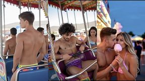 cross-dressing carnival day - exhibitionist guys in lingerie and panties enjoying the rides, the fair, and each other