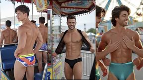cross-dressing carnival day - exhibitionist guys in lingerie and panties enjoying the rides, the fair, and each other