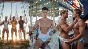cross-dressing carnival day - exhibitionist guys in lingerie and panties enjoying the rides, the fair, and each other