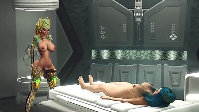 Futa alien plays with a young busty sexy hottie in the sci-fi lab