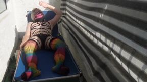 Caged Sissy Pounds Dildo Balcony Prostate Gush Public Risk