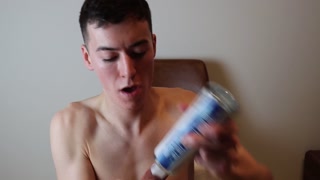 Horny Young Gentleman Solo Anal Training with Dildo on Highchair Cumshot at End