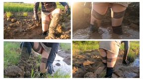 Exclusive: girl in stockings and high boots stuck in deep swamp