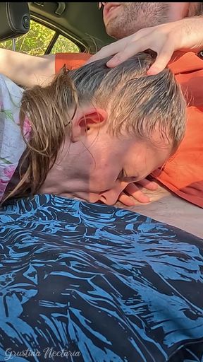 We stopped the car and I got the most gentle and slow blowjob. But in the end I started dominating and fucked her in the mouth