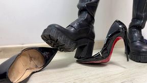 TJ collection boots vs Louboutin so Kate 120, wrecked Louboutin, Boots crush Louboutin pumps, high heels wrecked, ruined Louboutin, Louboutin destruction, Sandals crush Louboutin so Kate 120, Wrecked Louboutin