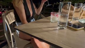 Exposing my beautiful breasts in deep cut blouse in public restaurant and feeling horny