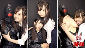 Restrained in bondage suit, Ryo KITAKATA squirms as Tae NISHINO in school uniform torments her nipples - Completed version