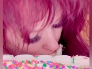 Birthday cake and champagne bottle smashed, sucked, and fucked.