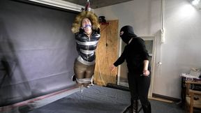 Rachel Adams bound, gagged and suspended in shiny nylon Down