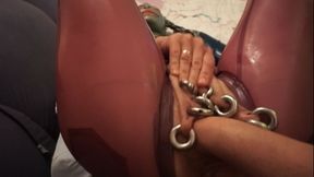 ORIGINAL SOUND!! Latex Pierced Doll in Transparent Jeans, Blue Jacket with nipple Holes, Corset, Mask and Gloves being Hard Fisted at Home PART 1