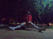 Boys in white stockings masturbate and ejaculate in the park, many passersby are watching