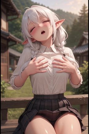White haired anime elf on traditional terrace