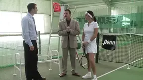 Redhead slut double penetrated on the tennis court