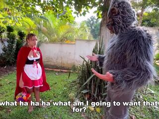 Little Red Riding Hood lost a fruit from her basket and is looking for it in the wolf's panties.
